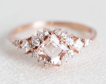 Morganite and diamond engagement ring, Engagement diamond Cluster Ring with Square Gemstone
