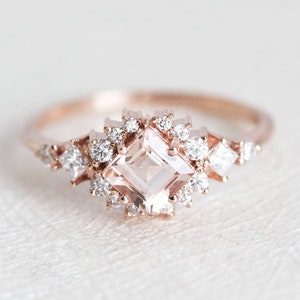 Morganite and diamond engagement ring, Engagement diamond Cluster Ring with Square Gemstone