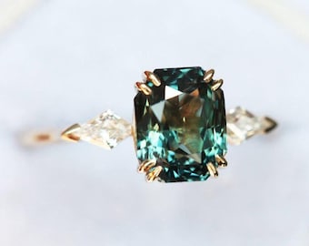 Sapphire engagement ring, Unique teal sapphire & diamond solitaire, Bicolor green blue ring
