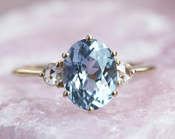 Bluish Sapphire Engagement Ring, Three Stone Sapphire Ring, Oval Sapphire Ring, Blue Engagement Ring