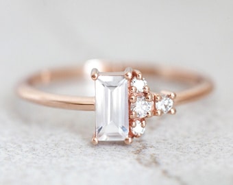 Witte Saffier Ring, Baguette Diamond Verloving Ring, Baguette Cluster Ring, Diamond Cluster Ring Rose Gold