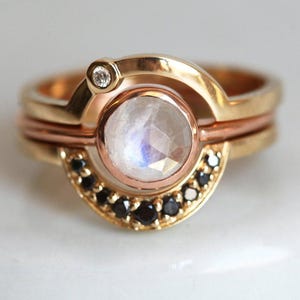 Bohemian Moonstone Ring Set, Moon Ring Set, Eclipse Set with Moonstone, Bohemian Bridal Set