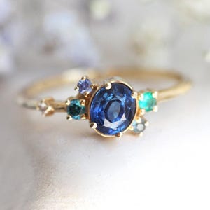 Unique Engagement Ring, Blue Sapphire Cluster Ring, Delicate Sapphire Engagement Cluster with Diamonds and Emeralds