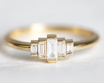 Art deco engagement ring, Baguette cut diamond ring, Simple wedding ring, Modern vintage ring