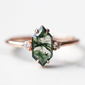 Moss agate & diamond engagement ring, Unique mossy ring, Alternative green gemstone ring