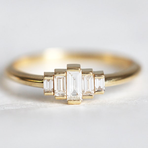 Art deco engagement ring, Baguette cut diamond ring, Simple wedding ring, Modern vintage ring