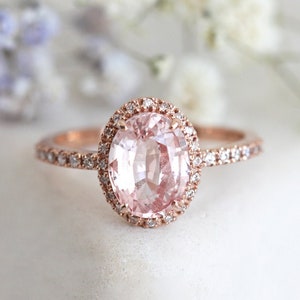 Oval Peach Sapphire Halo Diamond Ring, Gold Oval Sapphire Ring, Oval ...