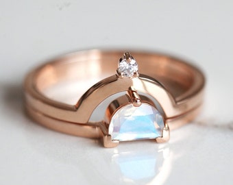 Unique fire moonstone ring set in rose gold, Moonstone engagement ring rose gold