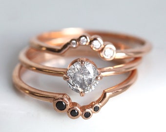 Salt and Pepper Diamond Engagement Ring Set, Rose Gold Diamond Ring Set, alternative Wedding Ring Set