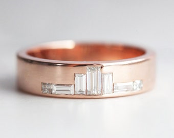 Unique rose gold diamond wedding band, baguette diamond wedding ring