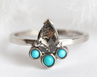 Grey diamond & turquoise ring, Pear engagement ring, Rose cut diamond ring, Unique bohemian ring