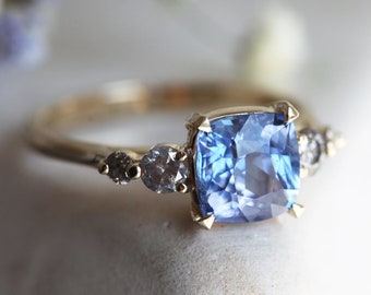 2ct Blue Sapphire Cushion Ring, Sapphire Engagement Ring with Salt Pepper Diamonds, Sapphire Diamond Engagement Ring, Blue Cushion Ring