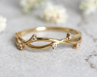 14k Gold Thin Twig Wedding Band, Diamond Twig Bud Ring, Flower Bud Ring 14k 18k Platinum