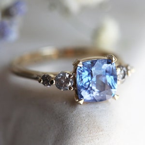 2ct Blue Sapphire Cushion Ring, Sapphire Engagement Ring with Salt Pepper Diamonds, Sapphire Diamond Engagement Ring, Blue Cushion Ring image 1