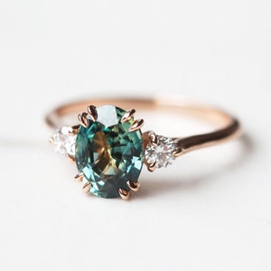 Bicolor sapphire & diamond engagement ring, Three stone ring, Oval blue green sapphire ring