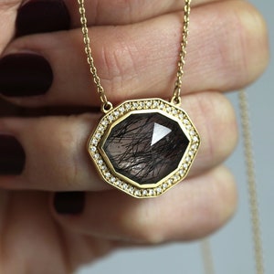 Halo Diamond Necklace, OOAK Gemstone Necklace, Black Rutilated Quartz Necklace, Unique Anniversary Necklace image 1