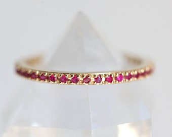 Eternity Ruby Ring, Diamond Ruby Ring, Micropave Ruby Ring with Diamonds, Micropave Ring