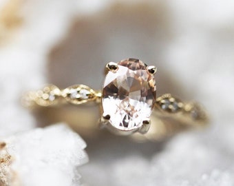 Vintage style peach sapphire engagement ring, Oval peach champagne sapphire ring with diamond band