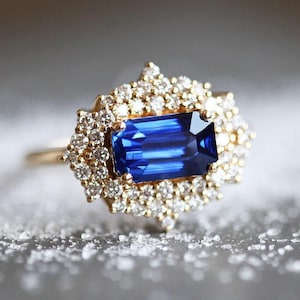 Blue sapphire diamond ring, Halo diamond sapphire engagement ring with royal blue sapphire