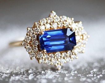 Blue sapphire diamond ring, Halo diamond sapphire engagement ring with royal blue sapphire