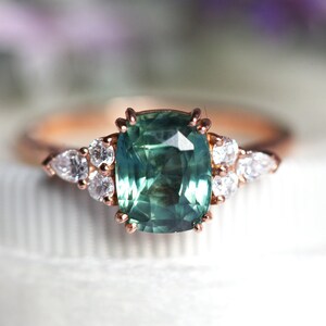 Teal Green Blue Sapphire & Diamond Ring, Cushion Cut Engagement Ring, 14k or 18k Solid Gold image 5