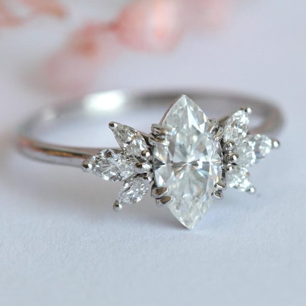 Marquise engagement ring, Diamond & moissanite ring, Floral platinum ring, Vintage bridal ring