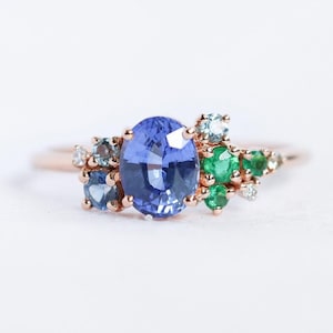 Oval Blue Sapphire Ring with emeralds, Cluster Engagement Ring in Rose Gold by Minimalvs