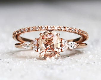 Oval peach sapphire ring set, Peach sapphire engagement ring, Peach engagement ring set with diamonds