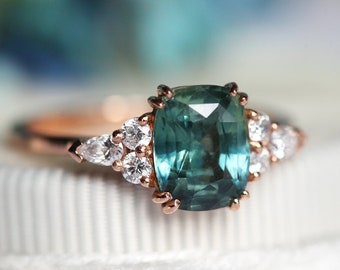 Teal Green Blue Sapphire & Diamond Ring, Cushion Cut Engagement Ring, 14k or 18k Solid Gold