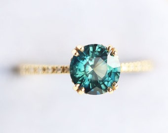 1.6ct round teal sapphire engagement ring, Sapphire diamond ring with pave diamond band