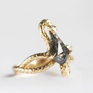 Kite diamond snake ring, Yellow gold snake diamond ring, Kite salt pepper diamond engagement ring