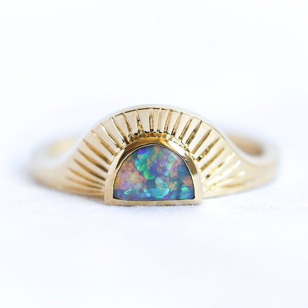 Black opal sunset ring, Half moon black opal ring, unique opal engagement ring