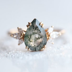 Moss agate engagement ring, Green mossy gemstone & moissanite ring, Pear cut moss diamond wedding ring