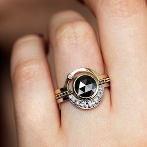 Eclipse Ring Set, Celestial Engagement Ring with Round Black Diamond, Three Ring Set, Natural Diamond Ring Rose Cut