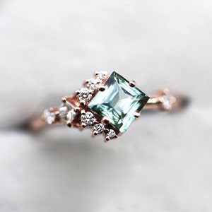 Mint Sapphire engagement ring, Sapphire cluster ring, Princess sapphire diamond ring, seafoam square sapphire rose gold ring