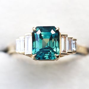 3ct Radiant Sapphire Ring, Art deco engagement ring with baguette diamonds