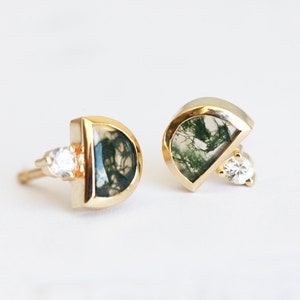 Moss Agate Earrings, Moss Agate Stud Earrings, Half Moon Earrings with Sapphires image 1