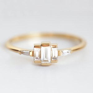 Baguette engagement ring, Diamond art deco ring, Tapered baguette cut ring, Unique dainty ring