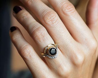 Black diamond engagement ring, Eclipse ring set, Alternative onyx set, Moon wedding set