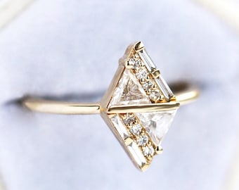 Unique geometric diamond ring, Modern triangle diamond engagement ring, 18k gold diamond ring