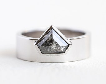 Unique hexagon diamond ring with wide band, Salt and pepper diamond engagement ring