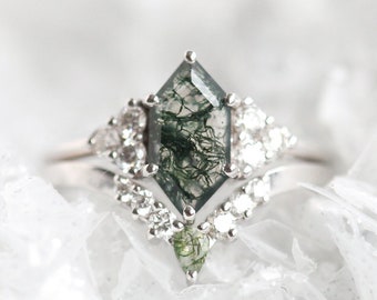 Hexagon Moss agate ring set, Moss engagement ring with accent diamonds