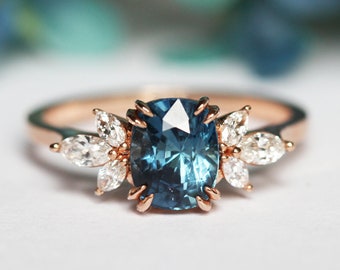 Sapphire engagement ring, Blue sapphire ring, Side diamond ring, Cushion cut ring, Flower ring