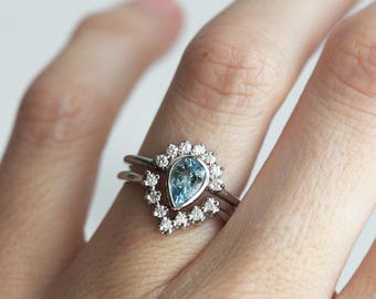 Halo Aquamarine Engagement Ring with V Diamond Band, Blue Aquamarine Diamond Ring, March Ring, Diamond Aquamarine Wedding Set