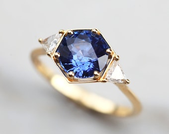 Round Blue Sapphire Ring, Hexagon Sapphire Engagement Ring, Blue Engagement Ring, Trillion Diamond Ring