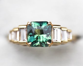 Bicolor sapphire engagement ring with side baguette diamonds, Green Sapphire Ring artdeco style