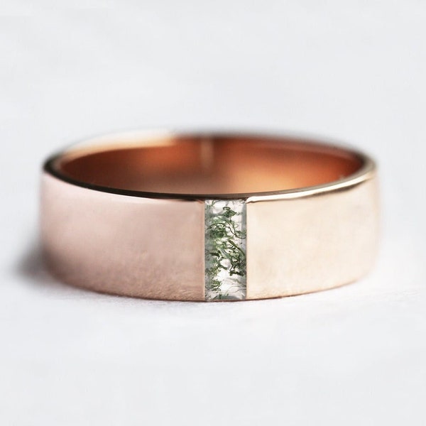 Baguette moss mens band, Moss agate band minimalist rose gold mens ring