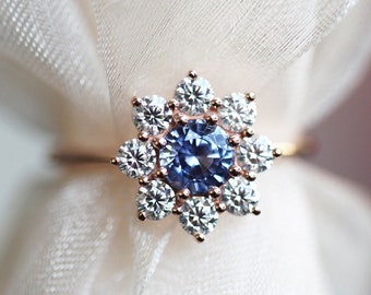 Floral sapphire diamond ring, Sapphire halo diamond ring, round diamond ring