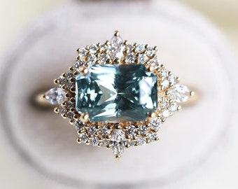 Mint sapphire diamond ring, Halo diamond sapphire engagement ring with greenish mint natural sapphire