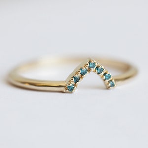 Blue Diamond Wedding Ring, Chevron Band with Blue Diamonds, Yellow Gold V Diamond Ring, Stacking Gold Rings image 1